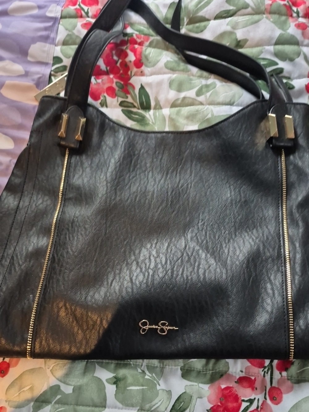 Jessica Simpson Black Faux Leather Shoulder Tote with Gold Accents